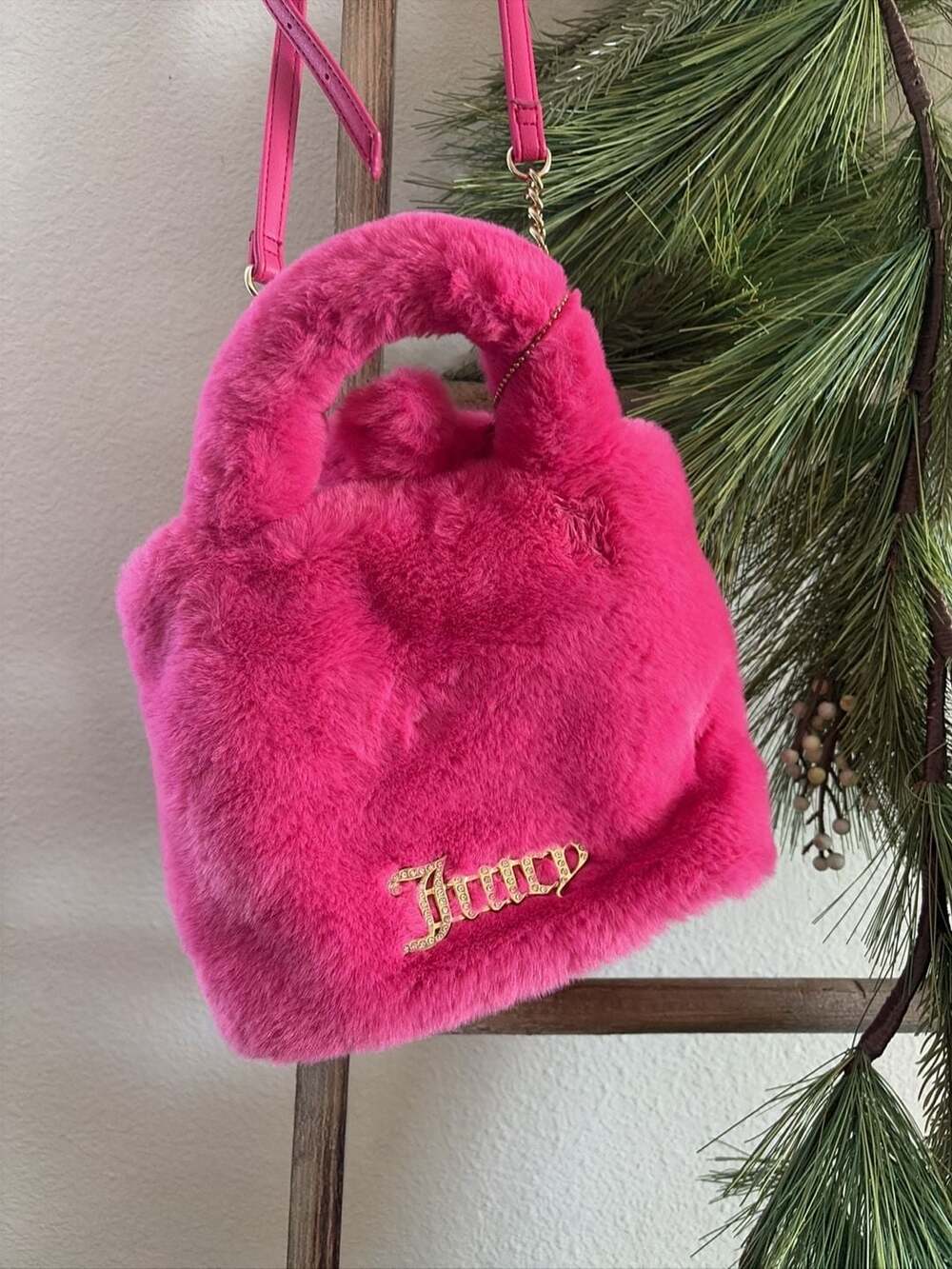 Juicy Couture Free Love Fluffy Mini Tote Hot Pink Faux Fur Crossbody Bag